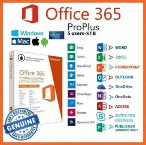 Office 365 Pro Plus voor 5 pc's, Computers en Software, Office-software, Nieuw, Android, iOS, MacOS, Windows, Access, Excel, OneNote