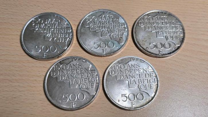 5x 500F , 150 jaar onafhankelijkheid van Belgie, Postzegels en Munten, Munten | België, Setje, Zilver, Zilver, Ophalen of Verzenden