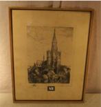 Mooie Oude Ets 'Stad met Kathedraal' - gesigneerd, Antiek en Kunst, Ophalen of Verzenden