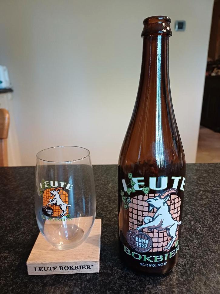 Leute bokbier, verre et bouteille de bière originale, Collections, Marques de bière, Neuf, Autres marques, Enlèvement