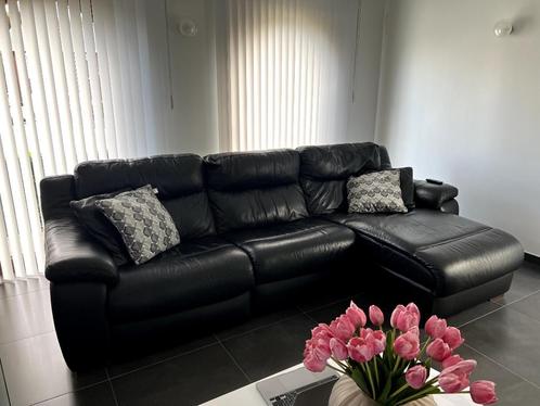 Lederen salon zwart, Huis en Inrichting, Zetels | Zetels, Gebruikt, Rechte bank, 250 tot 300 cm, 150 cm of meer, Leer, Ophalen
