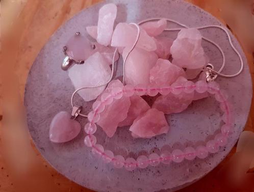 Ens bague + bracelet + collier coeur , argt 925 et quartz ro, Bijoux, Sacs & Beauté, Bagues, Comme neuf, Femme, 18 à 19, Rose