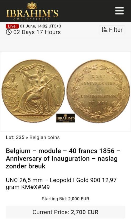 Originele gouden naslag van de 40 francs module 1856, Postzegels en Munten, Munten | België, Losse munt, Goud, Ophalen of Verzenden