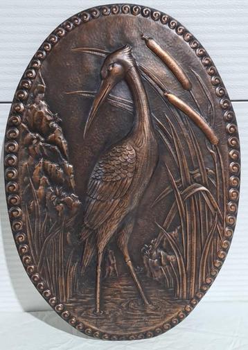 Koperen bas-reliëf, reiger, 74 x 51 cm, 50s beschikbaar voor biedingen