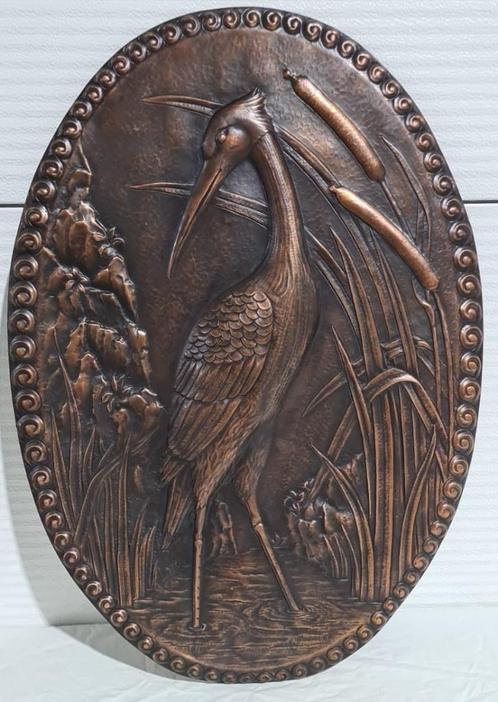 Koperen bas-reliëf, reiger, 74 x 51 cm, 50s, Antiek en Kunst, Kunst | Designobjecten, Ophalen of Verzenden