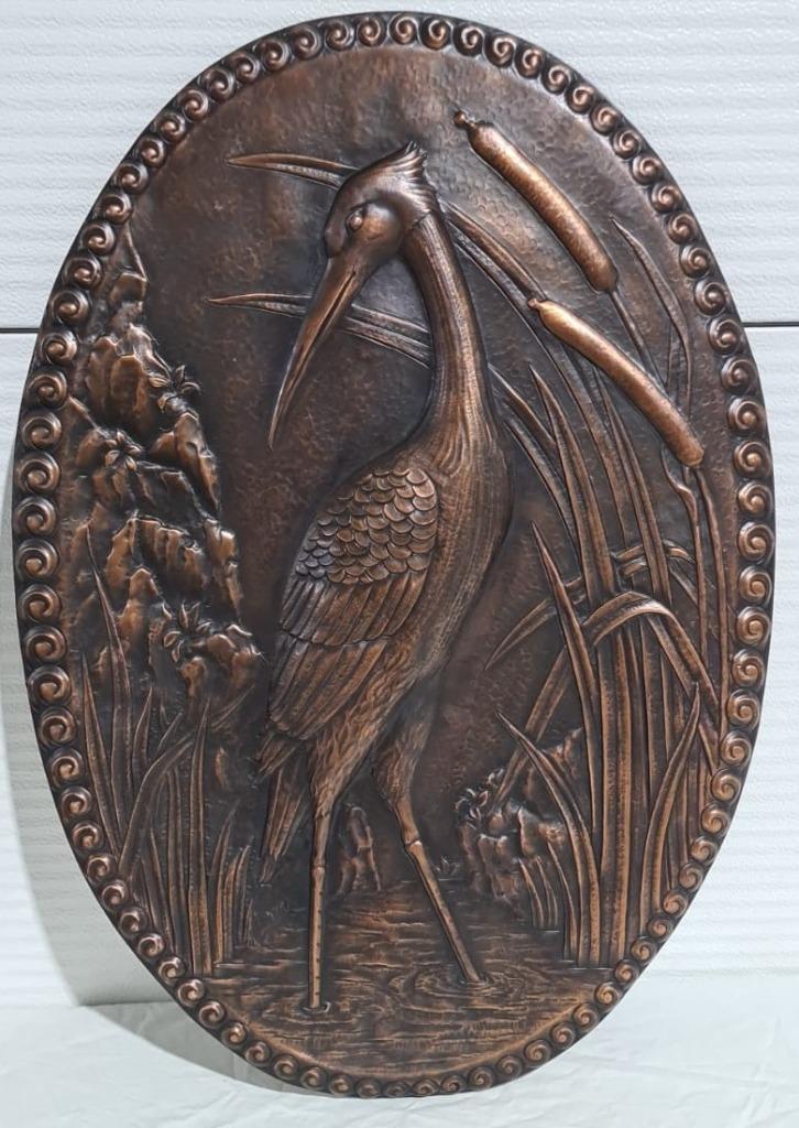 Koperen bas-reliëf, reiger, 74 x 51 cm, 50s, Antiek en Kunst, Kunst | Designobjecten, Ophalen of Verzenden
