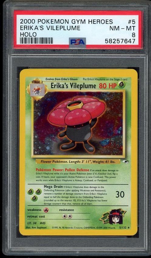 Erika's Vileplume Holo PSA 8 - 5/132 - Gym Heroes 2000, Hobby en Vrije tijd, Verzamelkaartspellen | Pokémon, Zo goed als nieuw
