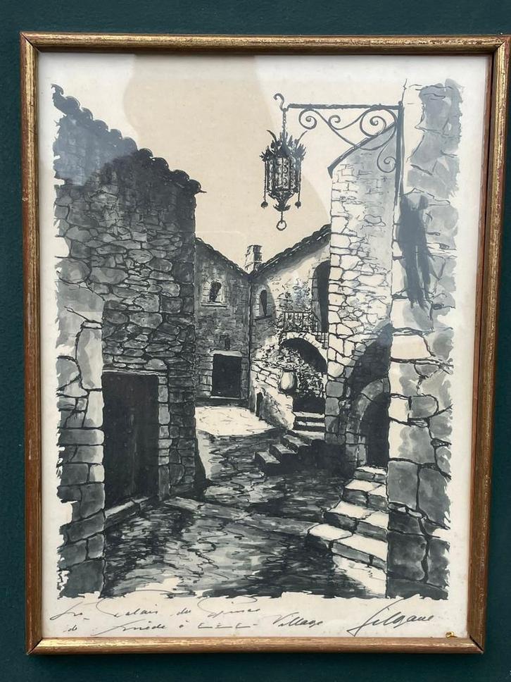 Het paleis van de Prinsen van Zweden in Eze, een middeleeuws, Antiek en Kunst, Kunst | Etsen en Gravures, Ophalen of Verzenden