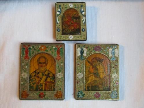 Antieke trio-iconen Sinterklaas, St Demetrios +St George, Antiek en Kunst, Kunst | Schilderijen | Modern, Ophalen of Verzenden