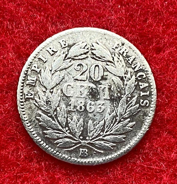 Zeer zeldzaam: 20 cent France Napoleon III 1863 in zilver, Antiek en Kunst, Antiek | Zilver en Goud, Zilver, Ophalen of Verzenden