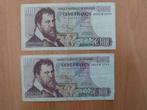 Geld, 2 bankbiljetten, briefjes van 100 Belgische franken, Ophalen of Verzenden