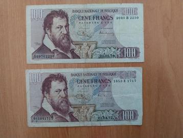 Geld, 2 bankbiljetten, briefjes van 100 Belgische franken beschikbaar voor biedingen