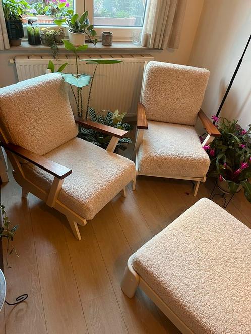 Retro set zetels in prachtige bouclé, Huis en Inrichting, Fauteuils, Zo goed als nieuw, Stof, Ophalen