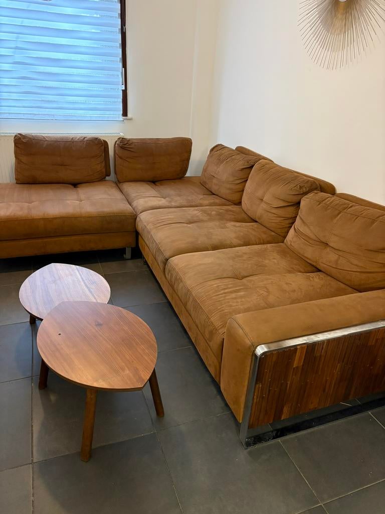 L-vormige camelbruine bank., Ophalen, Zo goed als nieuw, Stof, Scandinave et moderne