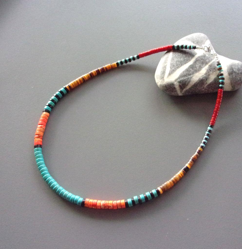 Indiaanse ketting voor dames of heren in koraal en turkoois, Handtassen en Accessoires, Kettingen, Nieuw, Zilver, Oranje, Met edelsteen