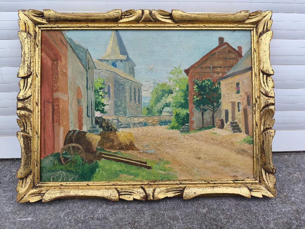 Huile sur panneau village signe e peret, Antiquités & Art, Art | Peinture | Classique, Enlèvement ou Envoi