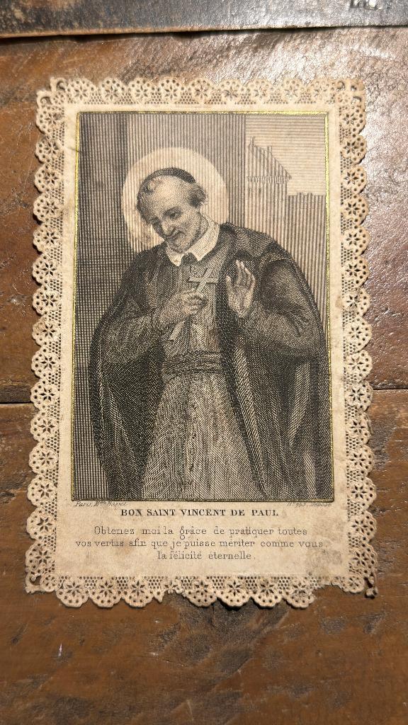 Antieke canivet (kantprentje) - vincent de Paul - eind 1900, Verzamelen, Religie, Gebruikt, Christendom | Katholiek, Kaart of Prent