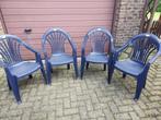 4 blauwe tuinstoelen, Kunststof, Gebruikt, Stapelbaar, Ophalen