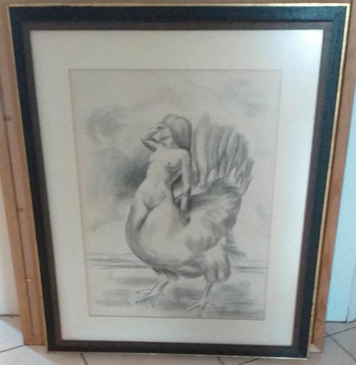 Prachtige Kunsttekening in kader met glas., Antiek en Kunst, Kunst | Etsen en Gravures, Ophalen of Verzenden