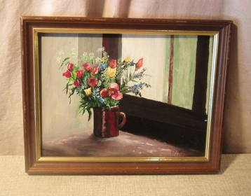 Mooi geschilderd werk 'Bloemen op Vensterbank' - M C beschikbaar voor biedingen