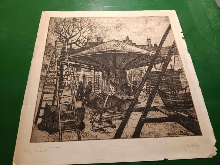 een ets van een kermis molen , gesigneerd Jehan Freson, Antiek en Kunst, Kunst | Etsen en Gravures, Ophalen of Verzenden