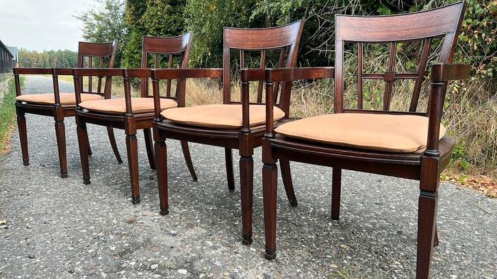 4 RAC eetkamer armstoelen, Huis en Inrichting, Stoelen, Zo goed als nieuw, Vier, Hout, Stof, Bruin, Ophalen