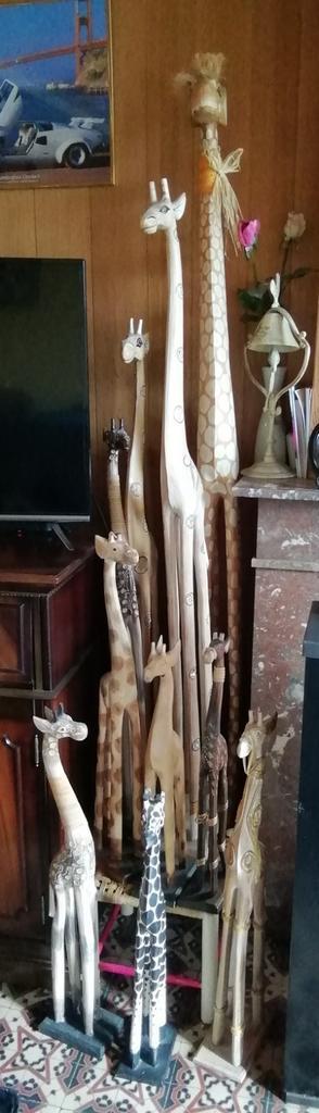 Set van 11 houten giraffen tussen 60 en 200 cm hoog, Verzamelen, Beelden en Beeldjes, Gebruikt, Dier, Ophalen