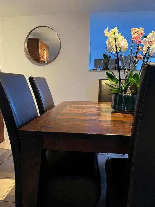 Massief houten eettafel met 6 stoelen in leder - tijdloos!, Huis en Inrichting, Tafels | Eettafels, Gebruikt, 150 tot 200 cm, 150 tot 200 cm