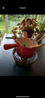 Rode vintage gietijzeren fondue set met alle toebehoren, Ophalen, Zo goed als nieuw