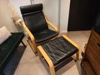 Ikea Poang + voetenbank (zwart leer), 125 à 150 cm, Cuir, Comme neuf, Enlèvement