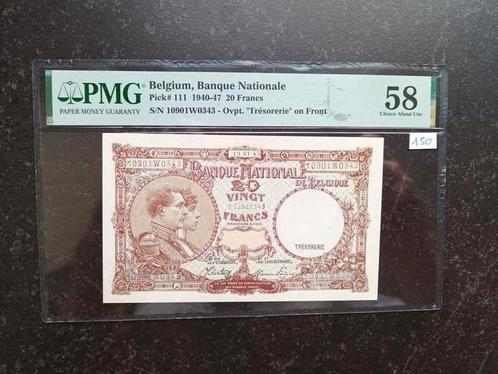 Uitzonderlijke misdruk 20 francs 1945 PMG 58!, Postzegels en Munten, Bankbiljetten | België, Los biljet, Ophalen of Verzenden