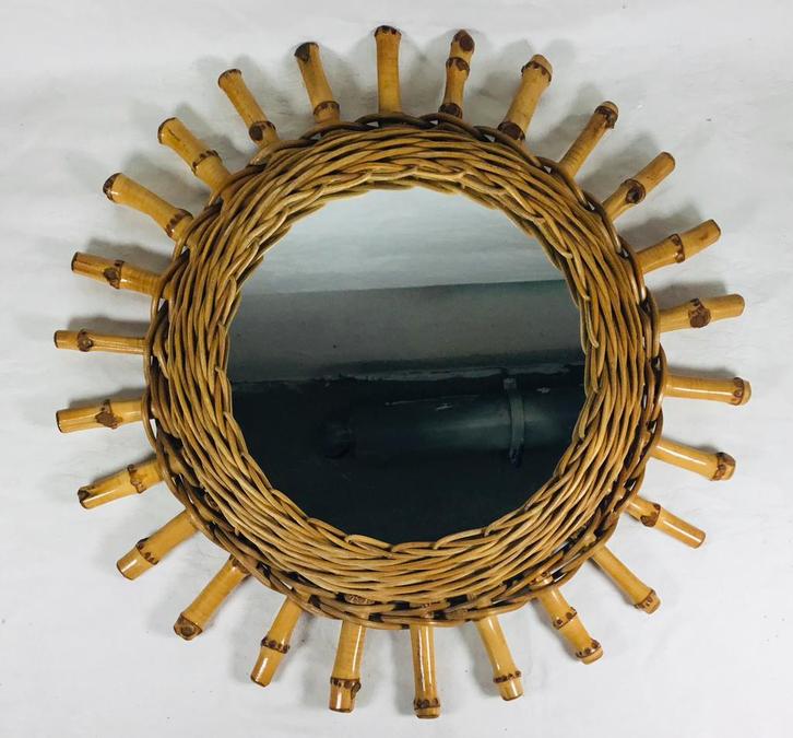 Vintage design sunburst zonnespiegel 70’s, Huis en Inrichting, Woonaccessoires | Spiegels, Gebruikt, Minder dan 50 cm, Rond, Ophalen of Verzenden