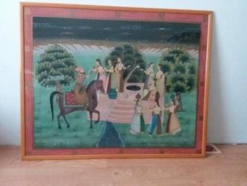 Indisch schilderij op zijde in Belgische kader met glas
