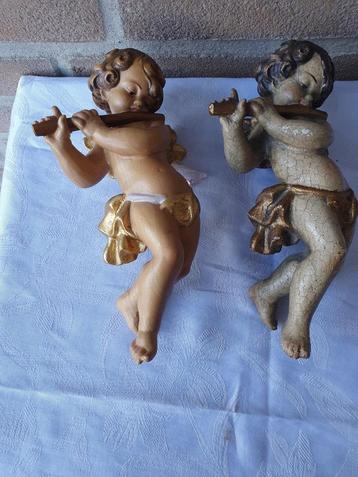 Paar putti engelen met fluit - 22 cm - Lindehout beschikbaar voor biedingen