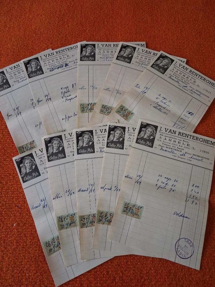 10 oude facturen 1959 celta pils VAN RENTERGEM aarsele, Verzamelen, Biermerken, Gebruikt, Overige typen, Ophalen of Verzenden