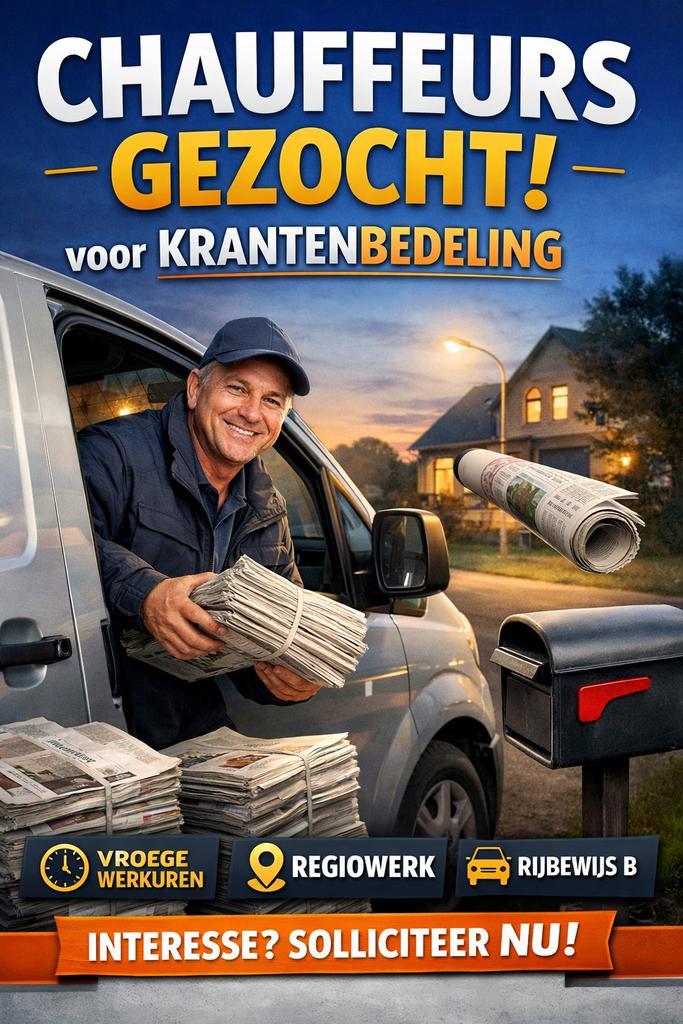 Chauffeurs gezocht voor krantenbedeling, Vacatures, Vacatures | Chauffeurs, Starter, Overige vormen, Geschikt als bijbaan, Tot en met 24 uur