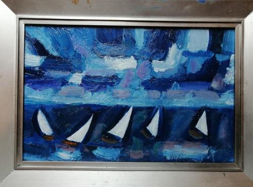Gerrit Benner BNr "Boten op zee" olieverf op paneel, Antiek en Kunst, Kunst | Schilderijen | Modern, Verzenden