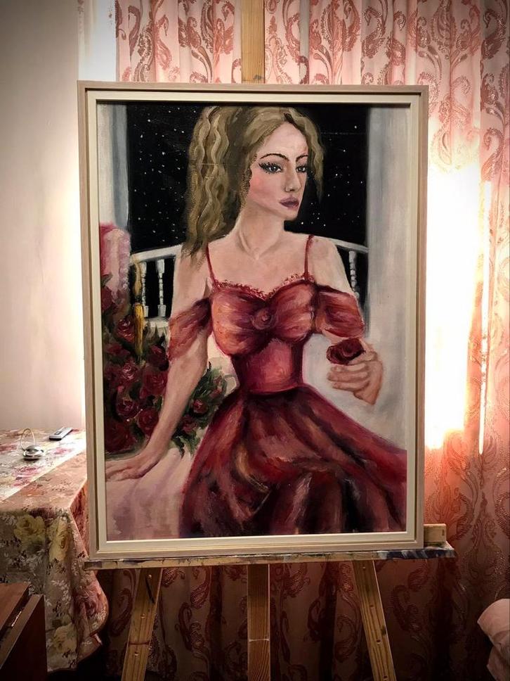 jonge vrouw af in een luxueuze rode jurk, Antiek en Kunst, Kunst | Schilderijen | Klassiek, Ophalen