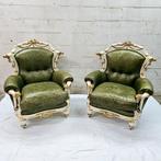 Exceptionally rare pair of19th baroque armchairs green leat, Antiek en Kunst, Antiek | Meubels | Stoelen en Sofa's, Ophalen