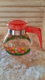 Vintage glazen theepot bloemen rood/geel/groen., Ophalen of Verzenden, Nieuw, Glas