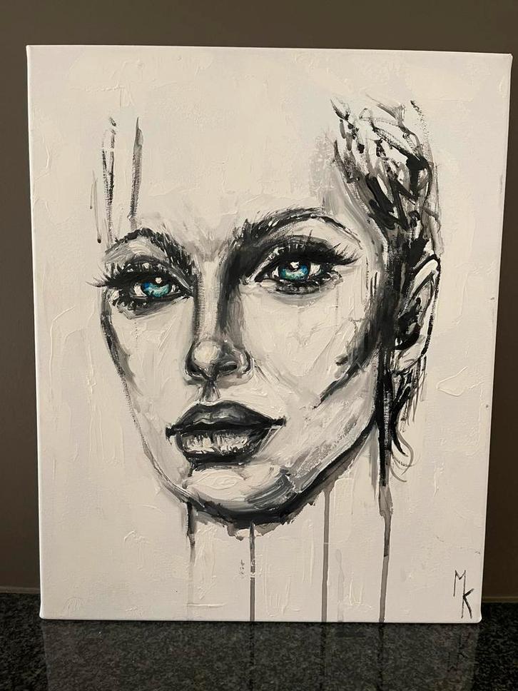 Modern schiderij met blauwaccent in ogen Mk Art, Antiek en Kunst, Kunst | Schilderijen | Modern, Ophalen of Verzenden