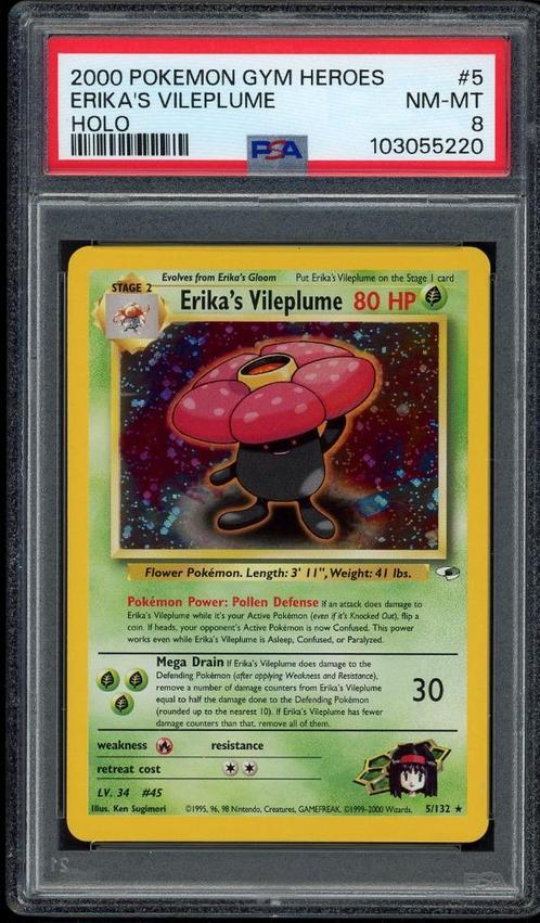 Erika's Vileplume Holo PSA 8 - 5/132 - Gym Heroes 2000, Hobby en Vrije tijd, Verzamelkaartspellen | Pokémon, Zo goed als nieuw