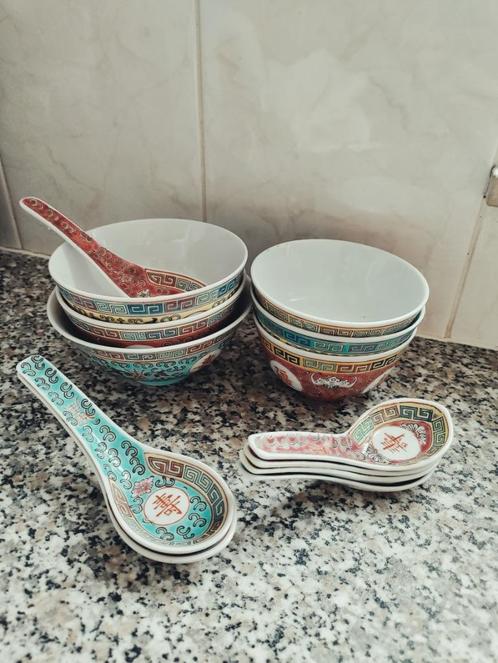 Zes chinese Mun Shou kommetjes met lepels, Antiek en Kunst, Antiek | Porselein, Ophalen