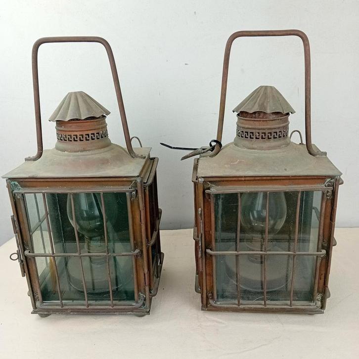 Koppel grote massieve koperen lantaarns, Antiek en Kunst, Antiek | Verlichting, Ophalen of Verzenden