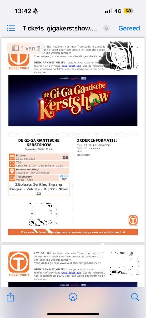 Tickets Gi Ga Gantische Kerstshow Ahoy Rotterdam, Tickets en Kaartjes, Concerten | Overige, Twee personen, December
