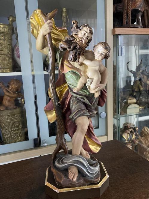houten beeld van Sint-Christoffel met kind 40 cm, Antiek en Kunst, Antiek | Religieuze voorwerpen, Ophalen of Verzenden