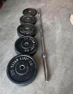 150kg Bumperplates + Olympische Halterstang 220cm, Sport en Fitness, Fitnessmaterialen, Ophalen, Gebruikt, Halterschijven