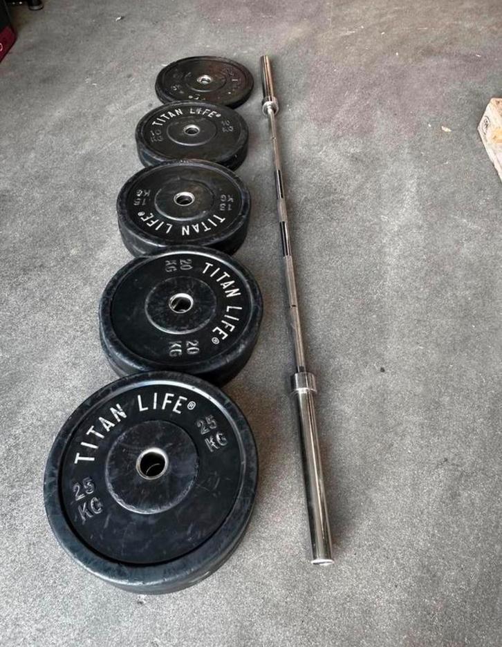 150kg Bumperplates + Olympische Halterstang 220cm, Sports & Fitness, Équipement de fitness, Utilisé, Plaques d'haltères, Enlèvement