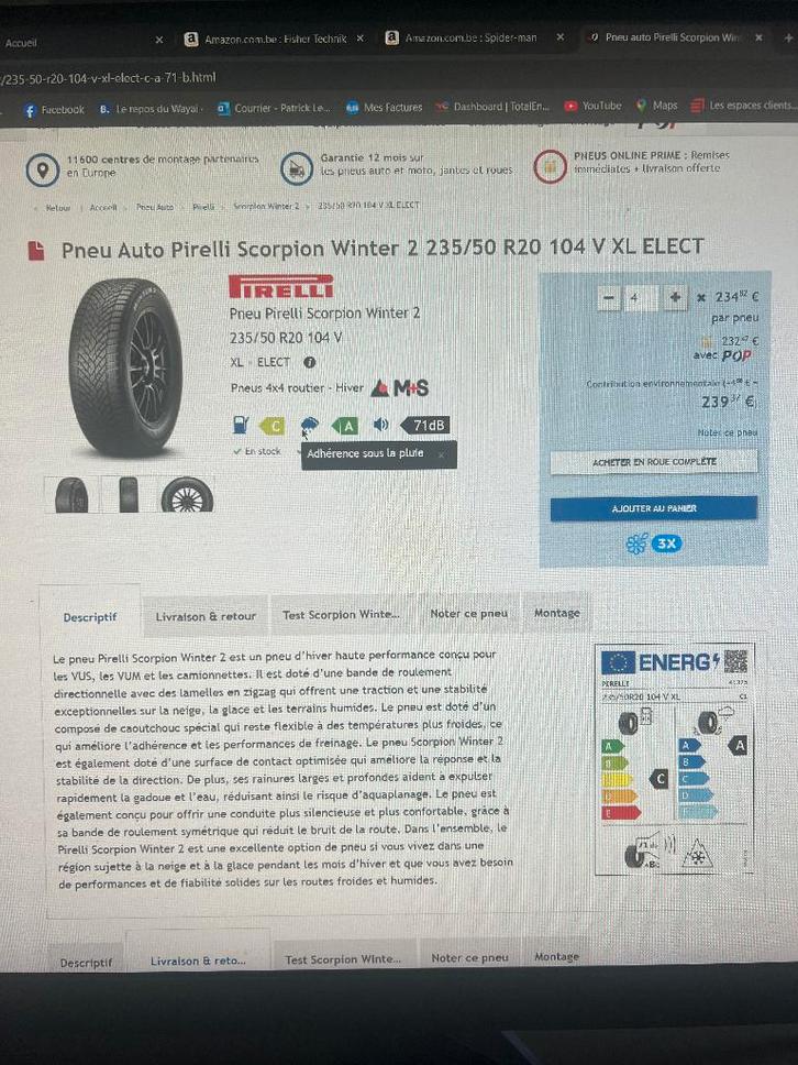 A vendre pneus Pirelli scorpion Winter 2 XL 235/50 R20, Autos : Pièces & Accessoires, Pneus & Jantes, Pneu(s), Pneus hiver, 20 pouces