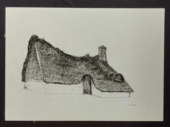 R. Ivens - tekening - lemen huis met strodak, Antiek en Kunst, Kunst | Tekeningen en Fotografie, Ophalen of Verzenden